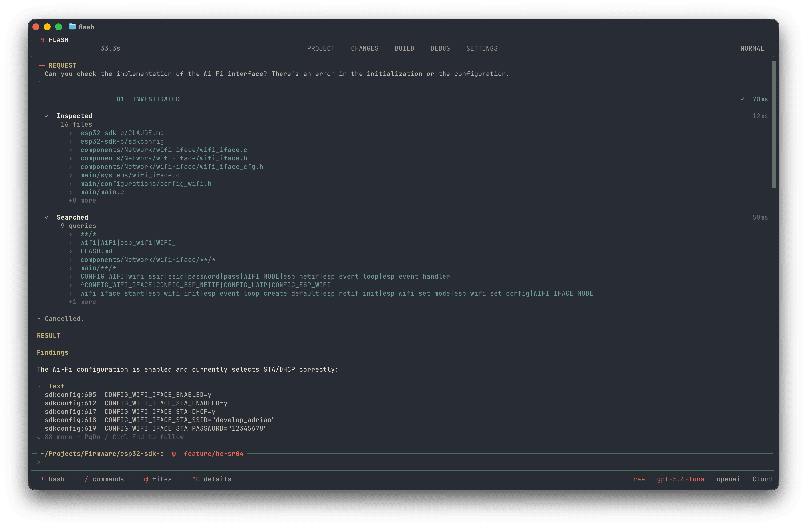 Flash CLI investigating a Wi-Fi firmware configuration from the terminal