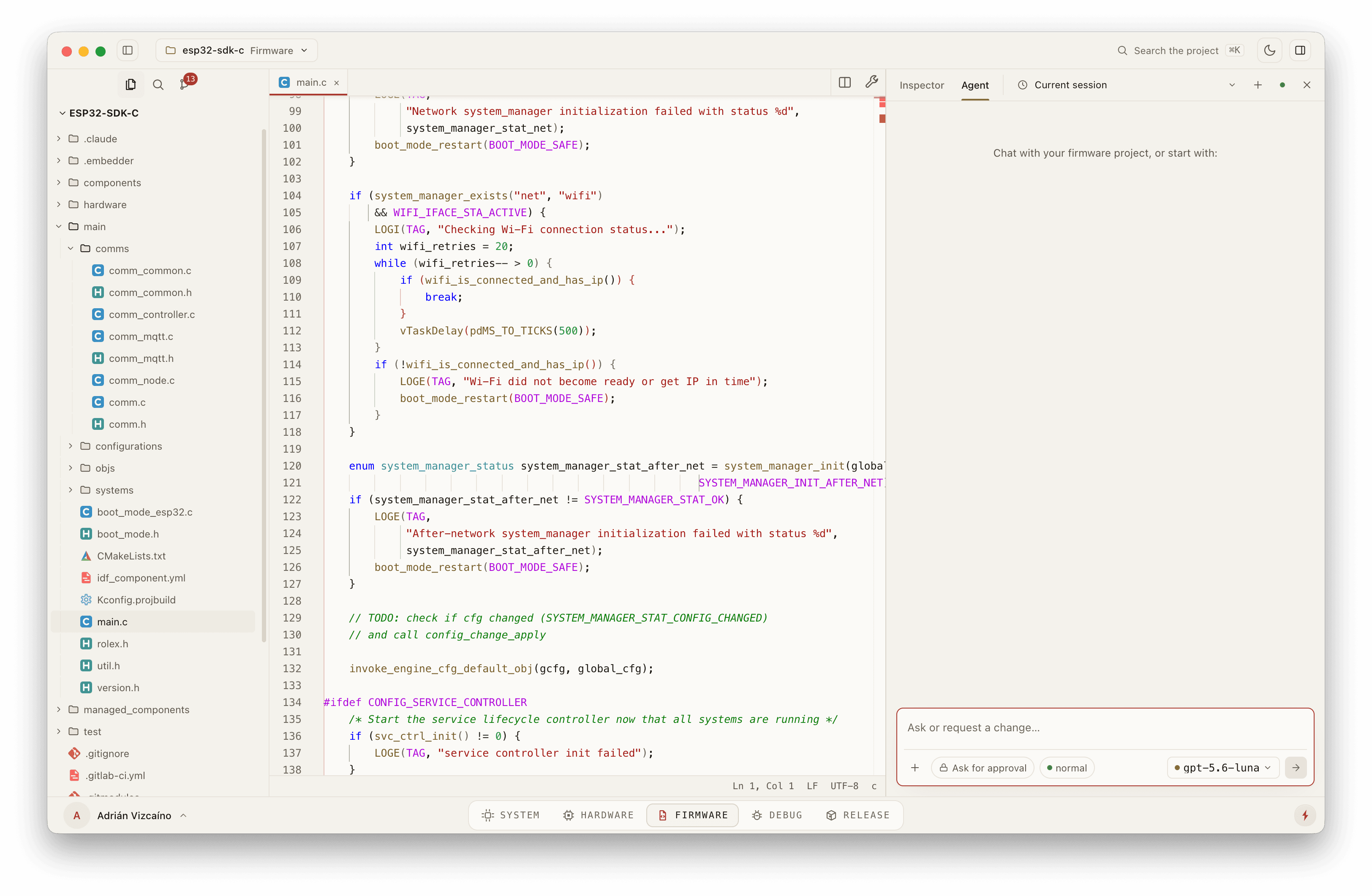 Flash IDE showing firmware source, the embedded project tree, and the Flash agent side by side